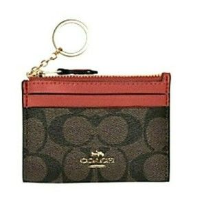 COACH Key Ring Coin ID Case Card Mini Skinny Wallet Canvas Red Brown 88208 New